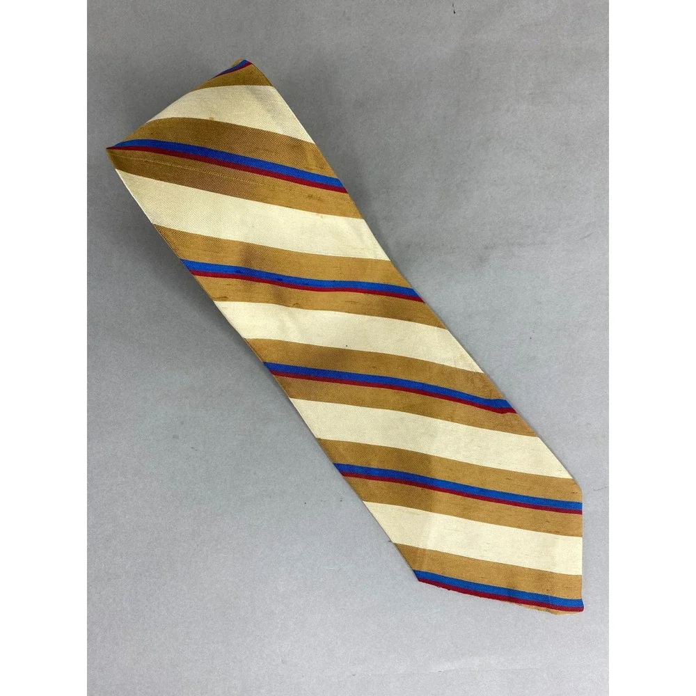 Whaling's Mens Silk Tie Gold Cream Blue Burgundy Striped Professional 57x4